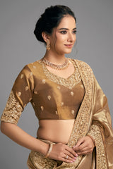 Light Golden Silk Saree with Embroidery