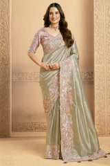 Sea Green Tissue Saree with Embroidery