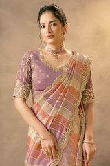 Pink and Multi Colored Tissue Saree with Embroidery