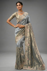 Smoky Grey Silk Saree with Embroidered Border