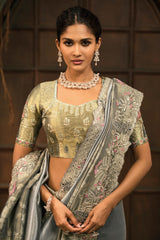Smoky Grey Silk Saree with Embroidered Border - red silk saree embroidered