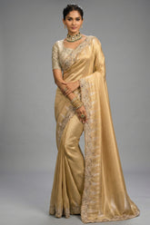 Rich Golden Beige Silk Saree with Embroidered Border