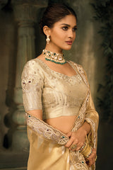Rich Golden Beige Silk Saree with Embroidered Border