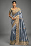 Steel Blue Silk Saree with Embroidered Border - red silk saree embroidered