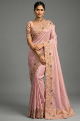 Pastel Pink Silk Saree with Embroidered Border