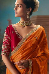 Orange Viscose Chiffon Saree With Embroidered Border And Sequin Work - red chiffon saree embroidered