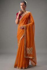 Orange Viscose Chiffon Saree With Embroidered Border And Sequin Work - red chiffon saree embroidered