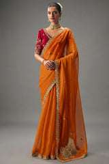 Orange Viscose Chiffon Saree With Embroidered Border And Sequin Work
