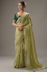 Pista Green Viscose Chiffon Saree With Floral Embroidery And Zari Border