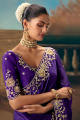 Royal Purple Viscose Chiffon Saree With All Over Embroidery In Zari And Sequins
