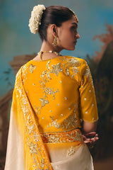 Ivory and Yellow Viscose Chiffon Saree With Heavy Zari Embroidered Border