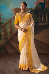 Ivory and Yellow Viscose Chiffon Saree With Heavy Zari Embroidered Border