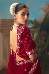 Maroon Viscose Chiffon Saree With Rich Floral Embroidery And Sequin Work