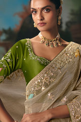 Beige Viscose Chiffon Saree With Elegant Embroidery