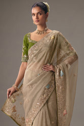 Beige Viscose Chiffon Saree With Elegant Embroidery - beige chiffon saree embroidery