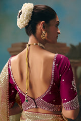 Peach Gold Viscose Chiffon Saree With Heavy Zari And Thread Embroidery