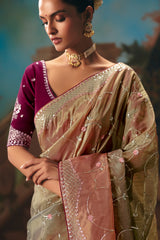 Peach Gold Viscose Chiffon Saree With Heavy Zari And Thread Embroidery