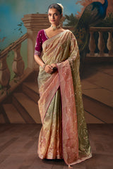 Peach Gold Viscose Chiffon Saree With Heavy Zari And Thread Embroidery