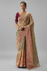 Peach Gold Viscose Chiffon Saree With Heavy Zari And Thread Embroidery