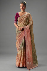 Peach Gold Viscose Chiffon Saree With Heavy Zari And Thread Embroidery