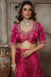 Rani Pink Tissue Dola Silk Solid Saree with Readymade Blouse and Beaded and Zardosi Worked Border - pink silk saree