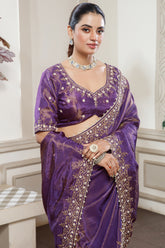 Purple Tissue Dola Silk Solid Saree with Readymade Blouse and Beaded and Zardosi Worked Border - purple silk saree