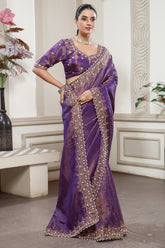 Purple Tissue Dola Silk Solid Saree with Readymade Blouse and Beaded and Zardosi Worked Border - purple silk saree