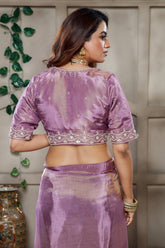Lavender Tissue Dola Silk Solid Saree with Readymade Blouse and Applique Work Border - lavender silk saree