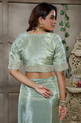 Mint Green Tissue Dola Silk Solid Saree with Readymade Blouse and Applique Work Border - green silk saree