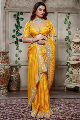 Yellow Tissue Dola Silk Solid Saree with Readymade Blouse and Applique Work Border - yellow silk saree
