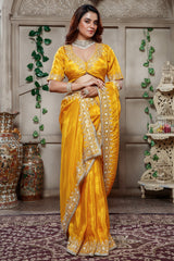 Yellow Tissue Dola Silk Solid Saree with Readymade Blouse and Applique Work Border - yellow silk saree