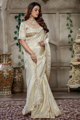 Ivory White Tissue Dola Silk Solid Saree with Readymade Blouse and Beaded Work Border - white silk saree