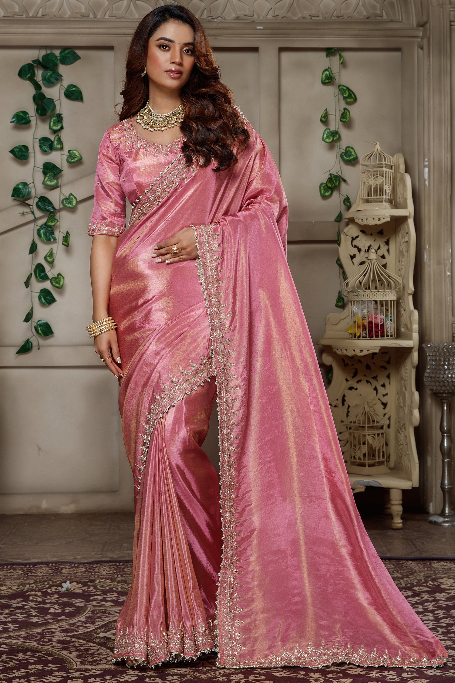 Rose Pink Tissue Dola Silk Solid Saree with Readymade Blouse and Beaded Cutdana Work Border - pink silk saree