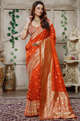 Orange Gaji Silk Woven Saree with Handworked Readymade Blouse - orange silk saree