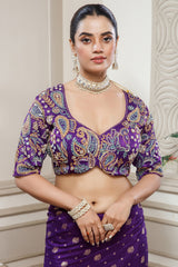 Deep Purple Gaji Silk Woven Saree with Handworked Readymade Blouse - purple silk saree