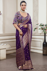 Deep Purple Gaji Silk Woven Saree with Handworked Readymade Blouse - purple silk saree