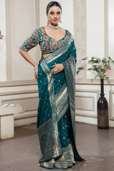Teal Blue Gaji Silk Woven Saree with Handworked Readymade Blouse - blue silk saree