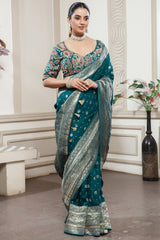 Teal Blue Gaji Silk Woven Saree with Handworked Readymade Blouse - blue silk saree
