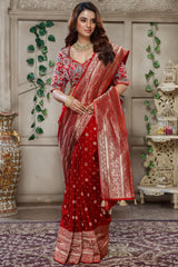 Red Gaji Silk Woven Saree with Handworked Readymade Blouse - red silk saree