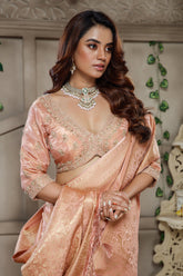 Light Peach Tissue Dola Silk Woven Saree with Handworked Readymade Blouse - peach silk saree