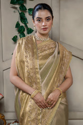 Light Mint Green Tissue Silk Saree with Cutdana and Beaded Worked - green silk saree