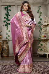 Designer Light Violet and Pink Tissue Silk Saree for grand festive celebrations