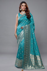 Sky Blue Dola Silk All Over Woven Saree - Front View