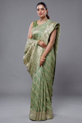 Light Pista Dola Silk Lehehriya Saree - Front View