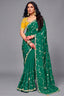 Emerald Green Satin Silk Saree With Heavy Sequin Work And Contrasting Yellow Blouse
