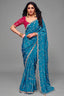 Vibrant Turquoise Satin Silk Saree with Heavy Sequin Embroidery And Pink Blouse