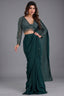Bottle Green Crepe Silk Pre-Draped Saree featuring Heavily V-Neck Sequin Cutdana Choli with Hanging Beads Fringe