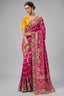 Rani Pink Pure Georgette Bandhej Saree with Contrast Yellow Blouse & Heavy Moti Work