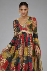Multi Colored Georgette V Neckline Anarkali Suit with Sequin Mirror Work Bodice - red georgette saree