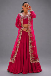 Georgette Crop Top and Flared Lehenga with Long Shrug - red georgette saree